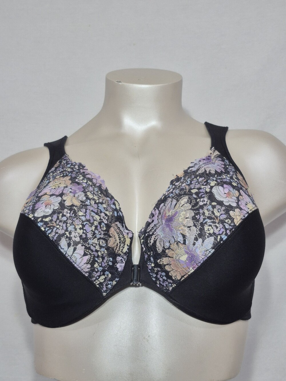 38G Glamorise 1245 Elegance Lace Front Close Underwire Bra Black FLORAL